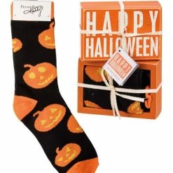 Best deal 🧨 Primitives By Kathy Orange & Black 'Happy 💀 Halloween' Box Sign & 🧦 Socks - Adult 👏