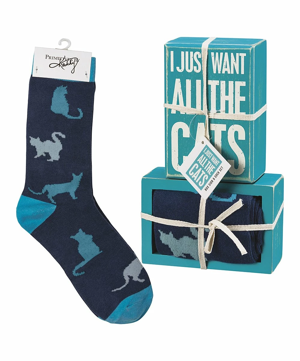 Best deal β Primitives By Kathy Blue Cat 𧦠Socks & 'Want All The Cats' Box Sign - Adult π₯ - Image 4