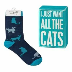 Best deal ⭐ Primitives By Kathy Blue Cat 🧦 Socks & 'Want All The Cats' Box Sign - Adult 🔥