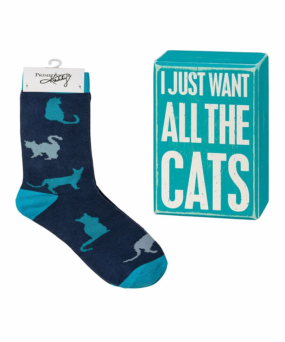 Best deal β Primitives By Kathy Blue Cat 𧦠Socks & 'Want All The Cats' Box Sign - Adult π₯
