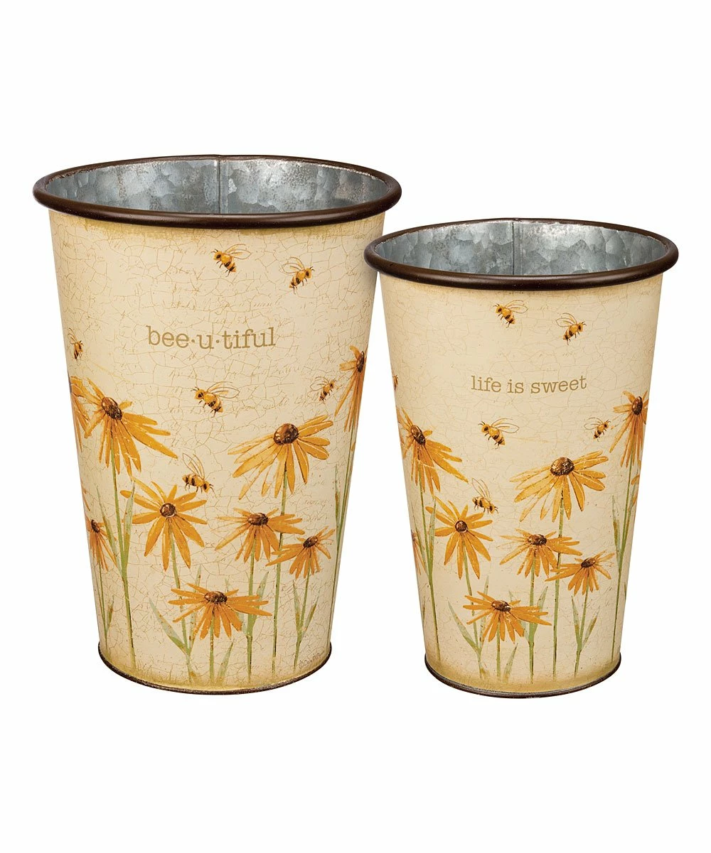 Best deal π Primitives By Kathy Yellow Floral Bee 'Life Is Sweet' Storage Bucket - Set Of Two β€οΈ - Image 4