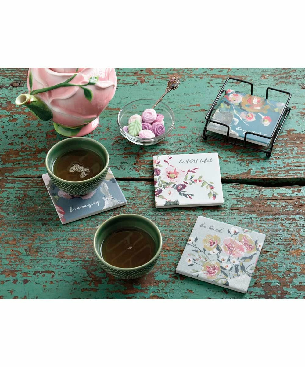 Best Sale π Primitives By Kathy Green 'Be Grateful' Floral Coaster - Set Of Four π - Image 4